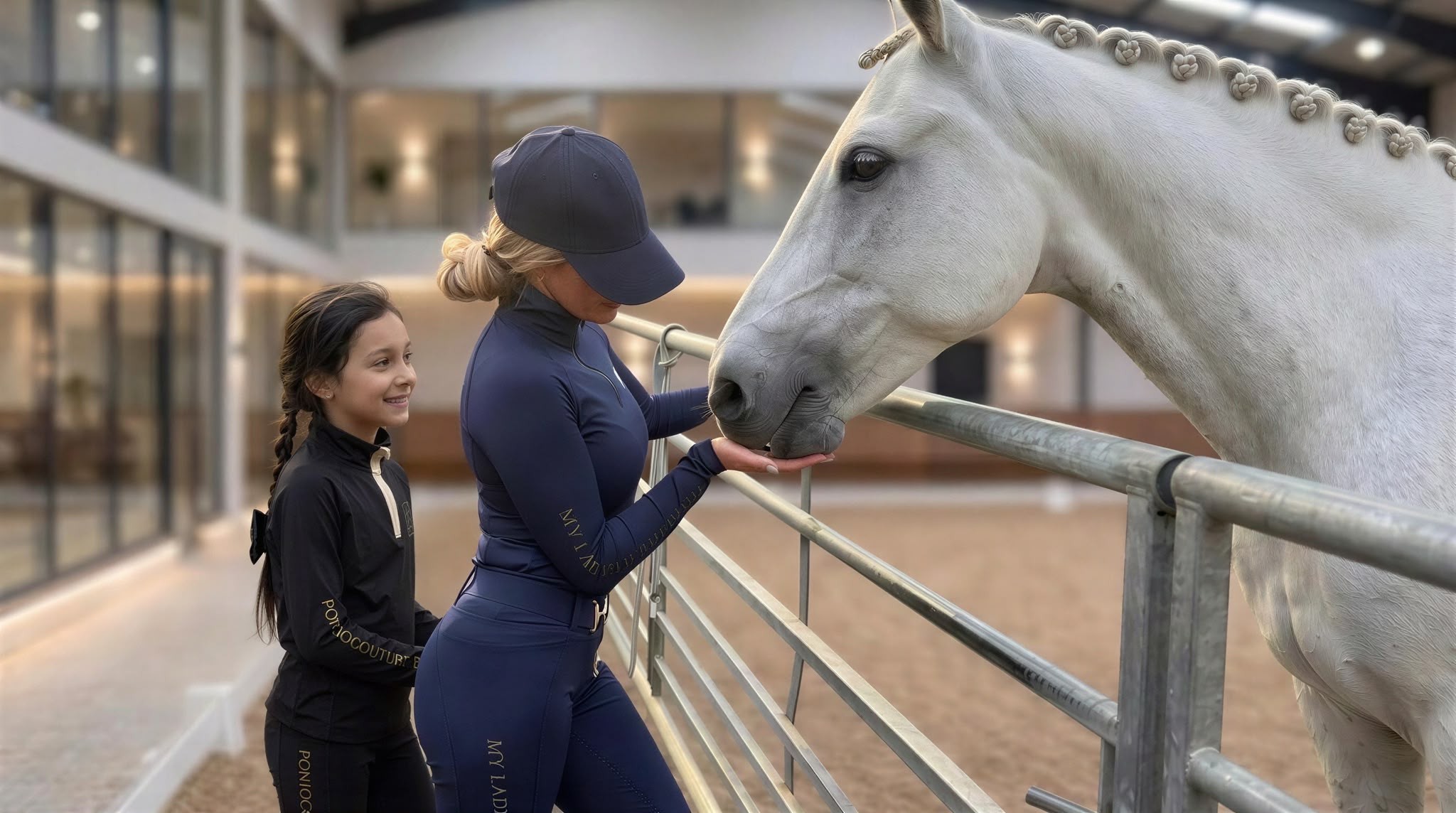 Woman and young girl in Ponio riding wear greeting a grey horse over the arena rail
